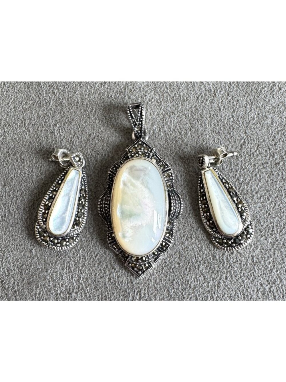 Mother-of-Pearl MOP in STERLING Silver 1.75" PENDANT + EARRING SET w/ Marcasites